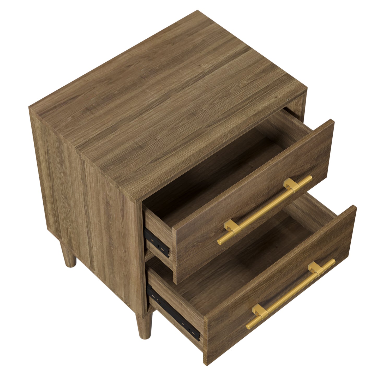 Mid-Century Modern Nightstand with Golden Handles with Two-Drawer; in  Natural Walnut