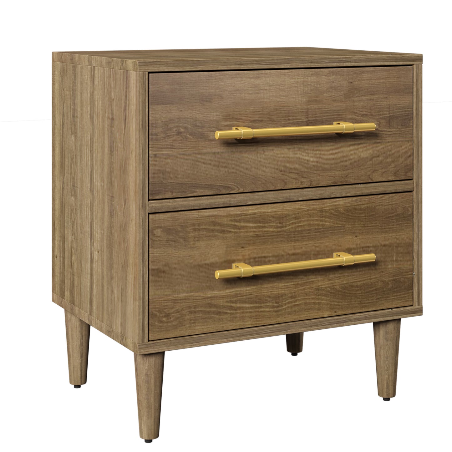 Mid-Century Modern Nightstand with Golden Handles with Two-Drawer; in  Natural Walnut