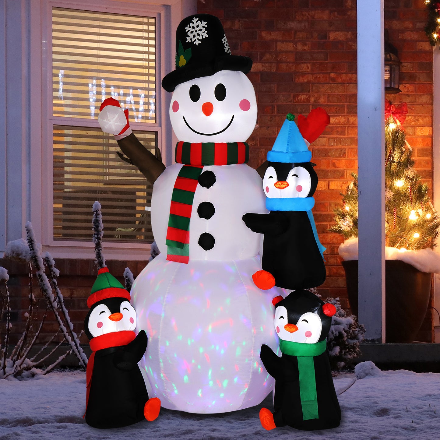 6ft Snowman 3 Penguins, Rotating Light, Inflatable Decoration