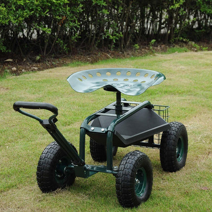 Rolling Garden Cart with Tool Tray & 360 Swivel Work Seat
