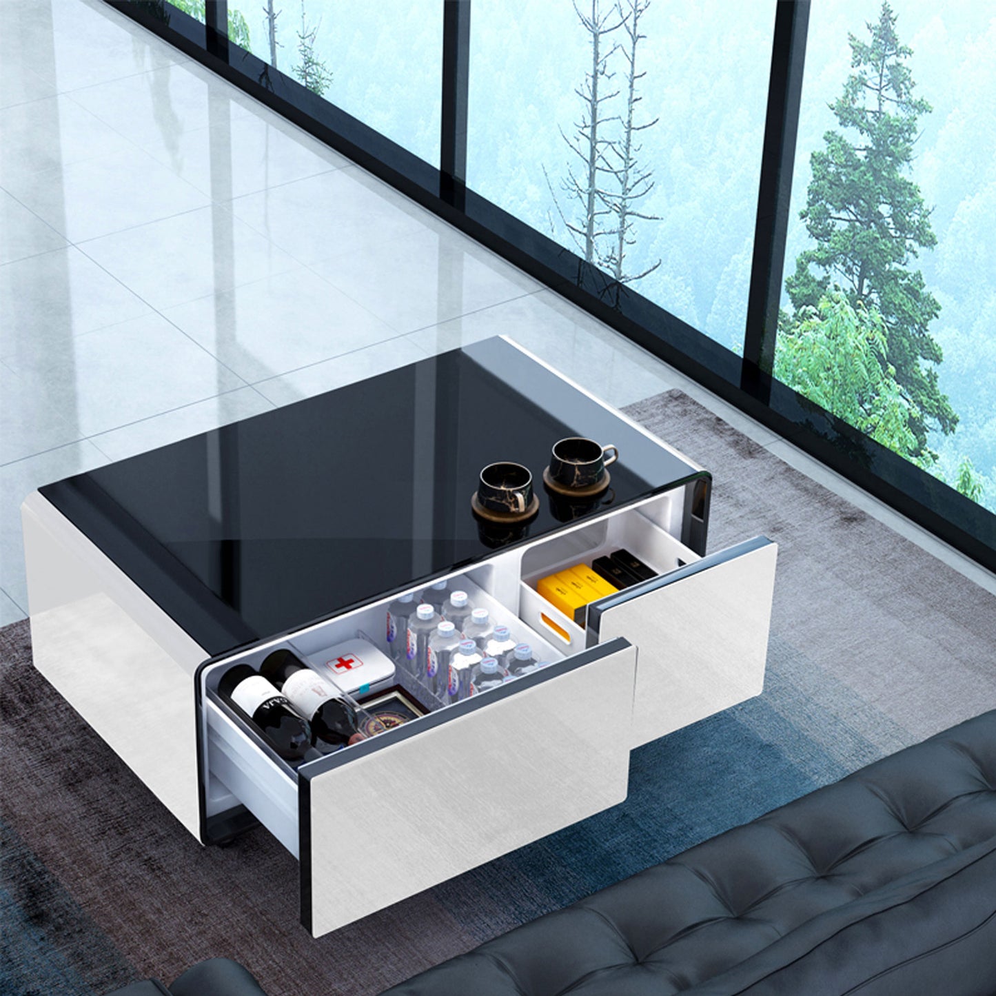 Smart mini Coffee Table with Built in Fridge and Wireless device charging