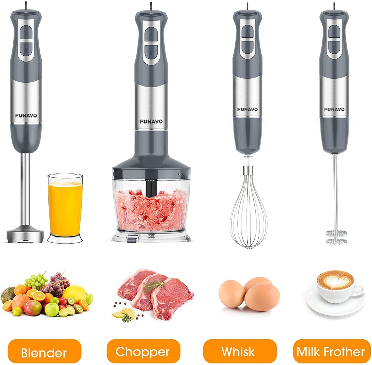 FUNAVO 5-in-1 Multi-Function 12 Speed 800W Stainless Steel Handheld Stick Blender w/ attachments