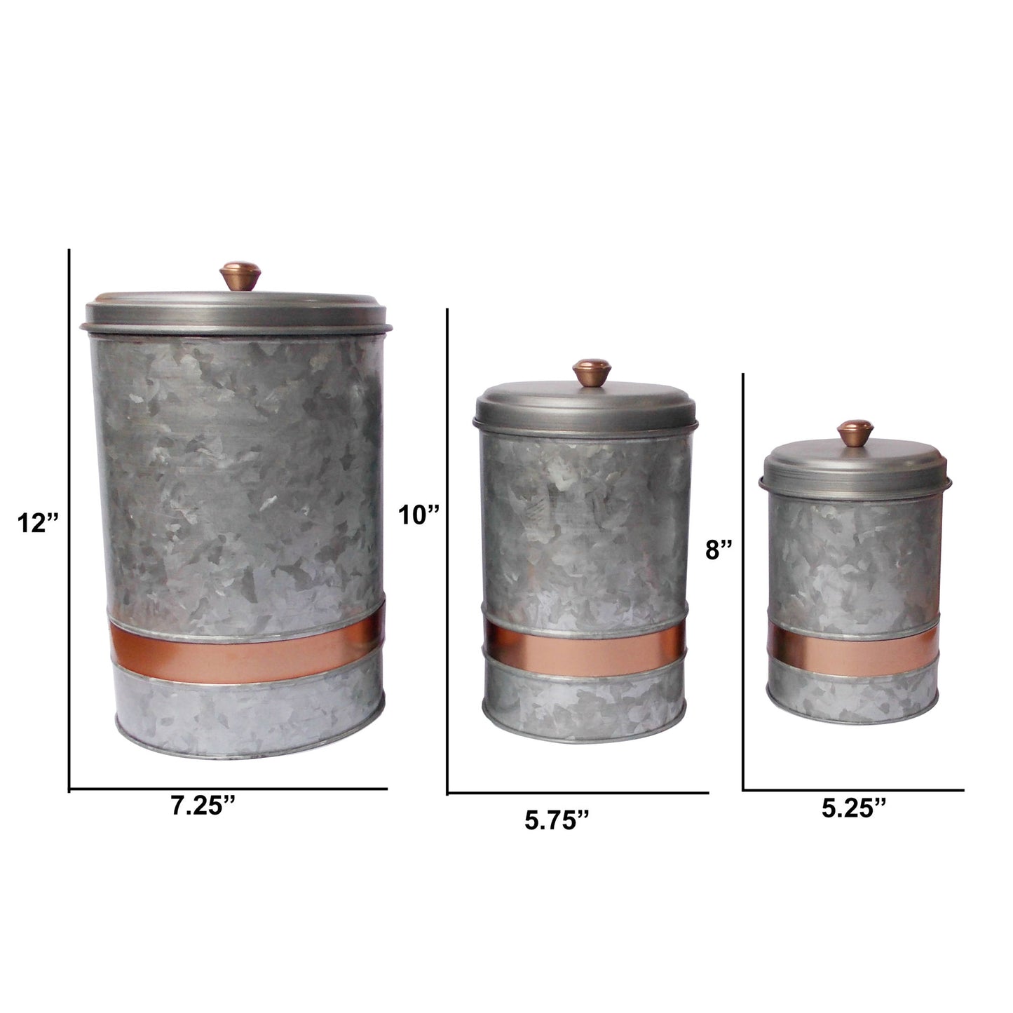 Galvanized Metal Lidded Canister With Copper Band, Set of Three, Gray