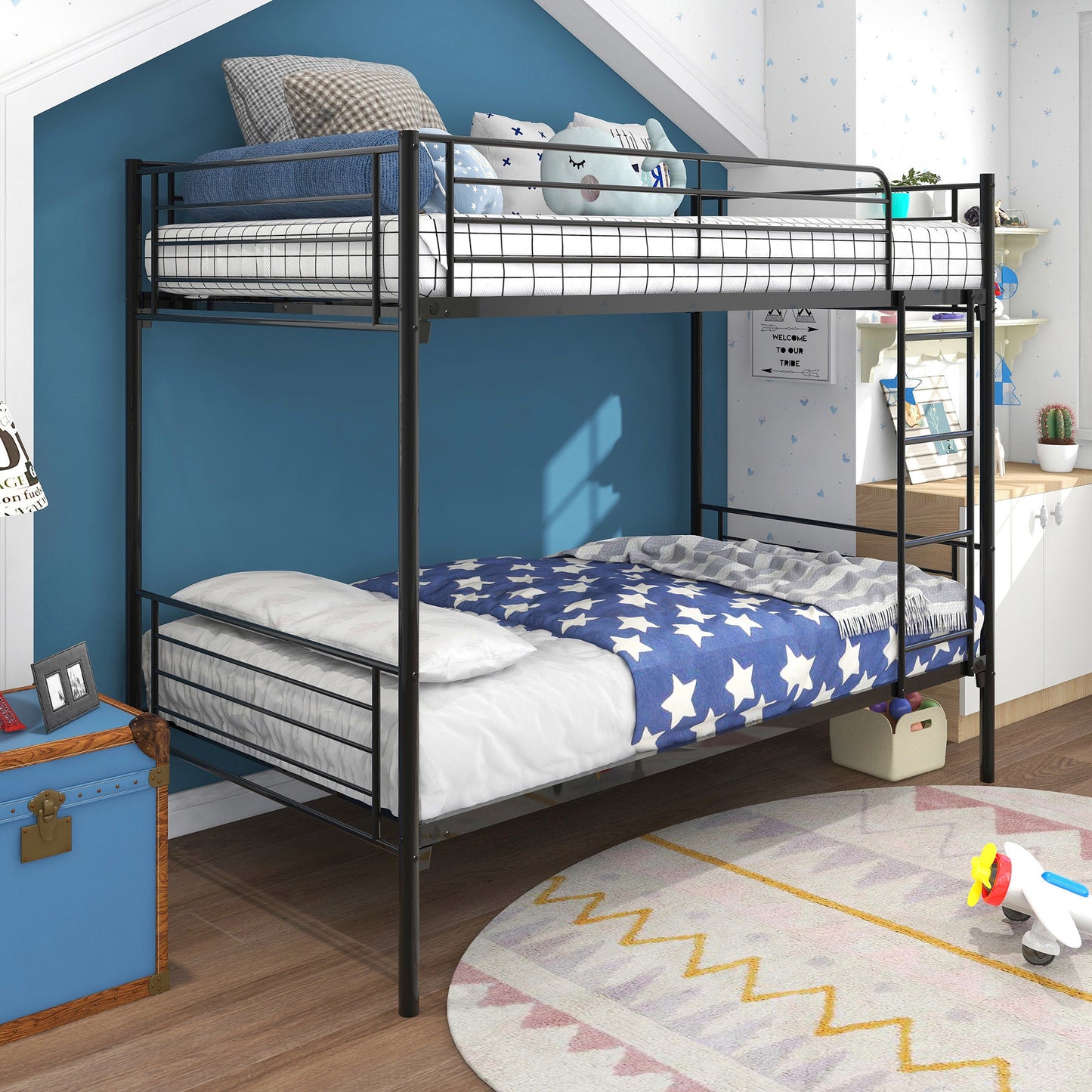 Twin-Over-Twin Bunk Bed with Metal Frame and Ladder, Space-Saving Design